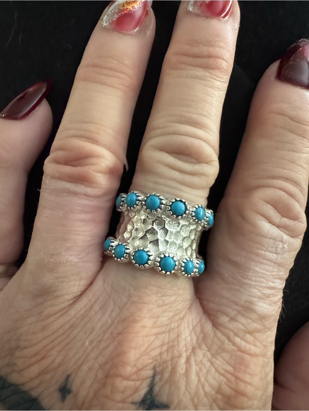 Turquoise Accent Hammered 925 Silver Wide Band Ring - adjustable Women Jewelry